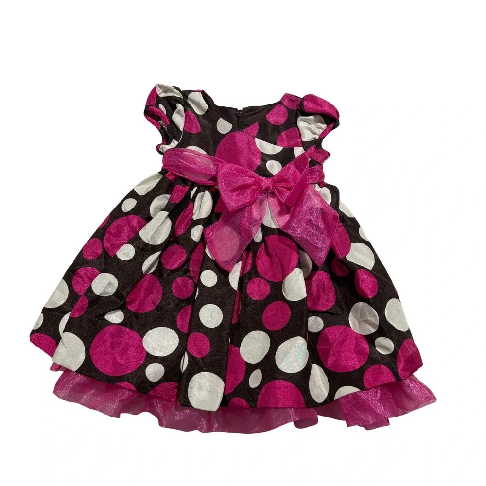 Bonnie Baby Polka Dot Party Dress Pink Brown 12M With Bloomers